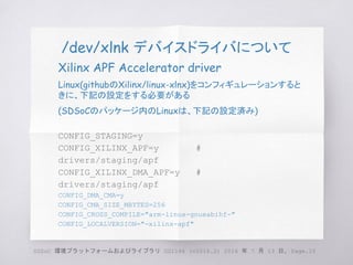 /dev/xlnk デバイスドライバについて
Xilinx APF Accelerator driver
Linux(githubのXilinx/linux-xlnx)をコンフィギュレーションすると
きに、下記の設定をする必要がある
(SDSoCのパッケージ内のLinuxは、下記の設定済み)
CONFIG_STAGING=y
CONFIG_XILINX_APF=y #
drivers/staging/apf
CONFIG_XILINX_DMA_APF=y #
drivers/staging/apf
CONFIG_DMA_CMA=y
CONFIG_CMA_SIZE_MBYTES=256
CONFIG_CROSS_COMPILE="arm-linux-gnueabihf-"
CONFIG_LOCALVERSION="-xilinx-apf"
SDSoC 環境プラットフォームおよびライブラリ UG1146 (v2016.2) 2016 年 7 月 13 日, Page.10
 