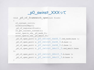 _p0_swinst_XXXって
void _p0_cf_framework_open(int first)
{
cf_context_init();
xlnkCounterMap();
_p0_cf_register(first);
cf_get_current_context();
accel_open(&_sds__p0_madd_0);
accel_open(&_sds__p0_mmult_0);
_p0_cf_open_port( & _p0_swinst_madd_0.cmd_madd.base );
_p0_cf_open_port( & _p0_swinst_madd_0.B.base );
_p0_cf_open_port( & _p0_swinst_madd_0.C.base );
_p0_cf_open_port( & _p0_swinst_mmult_0.cmd_mmult.base
);
_p0_cf_open_port( & _p0_swinst_mmult_0.A.base );
_p0_cf_open_port( & _p0_swinst_mmult_0.B.base );
}
 