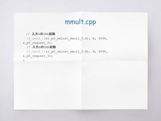 mmult.cpp
　// 入力AのDMA起動
cf_send_i(&(_p0_swinst_mmult_0.A), A, 4096,
&_p0_request_2);
// 入力BのDMA起動
cf_send_i(&(_p0_swinst_mmult_0.B), B, 4096,
&_p0_request_3);
}
 