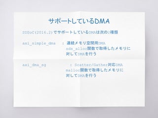 サポートしているDMA
SDSoC(2016.2)でサポートしているDMAは次の2種類
axi_simple_dma : 連続メモリ空間用DMA
　sds_alloc関数で取得したメモリに
　対してDMAを行う
axi_dma_sg : Scatter/Gather対応DMA
　malloc関数で取得したメモリに
　対してDMAを行う
 