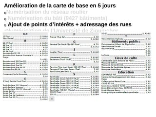 Amélioration de la carte de base en 5 jours
1)Numérisation du réseau routier
2) Numérisation du bâti (9427 bâtiments)
3) Ajout de points d’intérêts + adressage des rues
4)Numérisation de l’Université de Ziguinchor
 