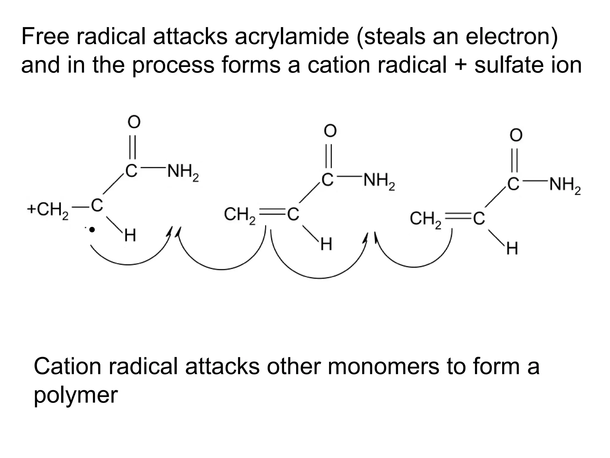 Free radical attacks acrylamide (steals an electron) 
and in the process forms a cation radical + sulfate ion 
· 
Cation radical attacks other monomers to form a 
polymer 
 