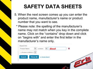5
SAFETY DATA SHEETSSAFETY DATA SHEETS
5. When the next screen comes up you can enter the
product name, manufacturer’s name or product
number that you want to see.
* Please note: the spelling of the manufacturer’s
name may not match when you key in the complete
name. Click on the “contains” drop down and click
on “begins with” and enter the first letter in the
manufacturer’s name only.
diesel
 