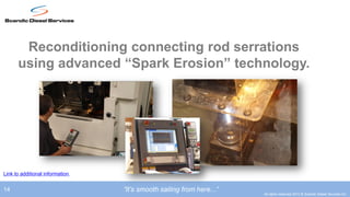 Reconditioning connecting rod serrations
      using advanced “Spark Erosion” technology.




Link to additional information


14                               ”It’s smooth sailing from here...”
                                                                      All rights reserved 2012 © Scandic Diesel Services Inc.
 