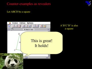 Counter-examples as revealers
Let ABCD be a square...

A’B’C’D’ is also
a square

This is great!
It holds!

© N. Balacheff Oct. 2005

 
