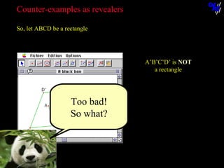 Counter-examples as revealers
So, let ABCD be a rectangle...

A’B’C’D’ is NOT
a rectangle

Too bad!
So what?

© N. Balacheff Oct. 2005

 