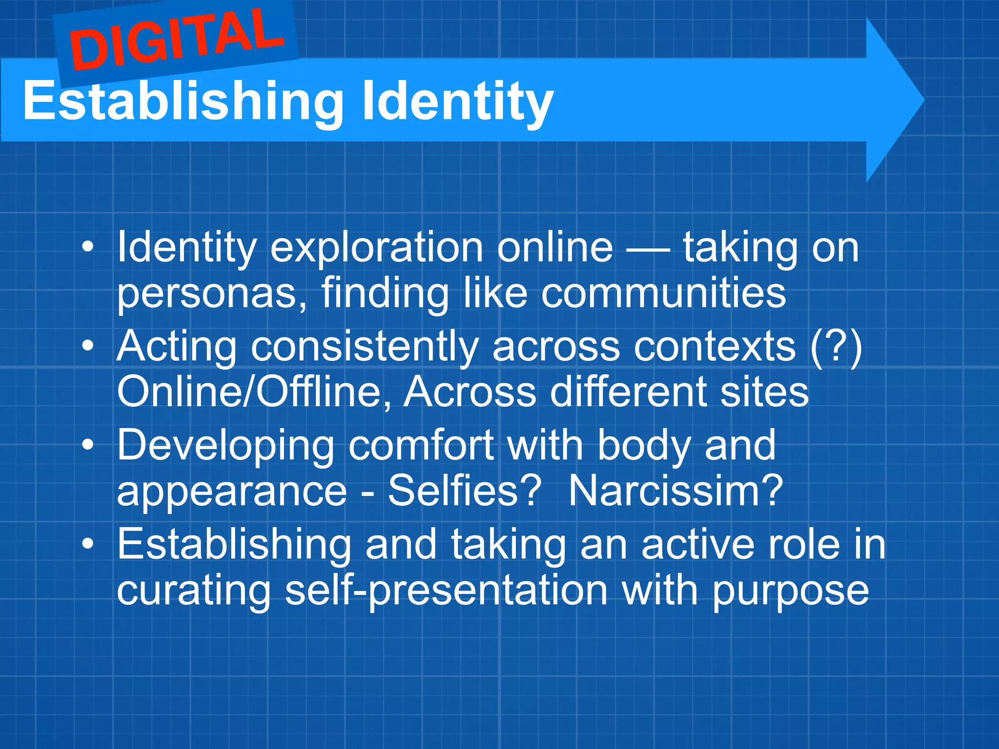 • Identity exploration online — taking on
personas, finding like communities
• Acting consistently across contexts (?)
Online/Offline, Across different sites
• Developing comfort with body and
appearance - Selfies? Narcissim?
• Establishing and taking an active role in
curating self-presentation with purpose
Establishing Identity
DIGITAL
 