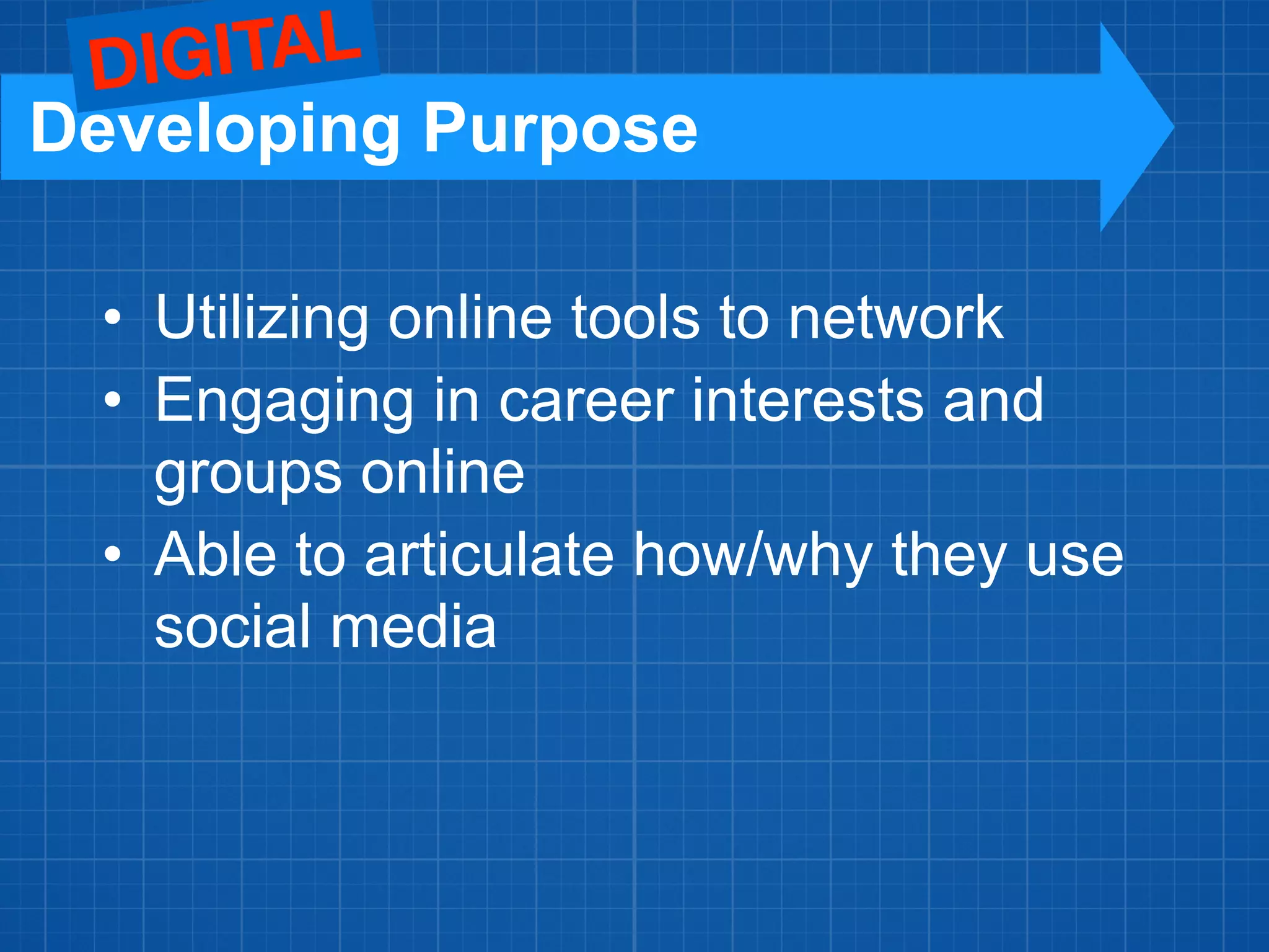 • Utilizing online tools to network
• Engaging in career interests and
groups online
• Able to articulate how/why they use
social media
Developing Purpose
DIGITAL
 
