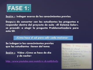Sesión 1: indagar acerca de los conocimientos previos.

Después de concertar con las estudiantes las preguntas a
responder dentro del proyecto de aula: «El Sistema Solar»,
se procedió a elegir la pregunta Problematizadora para
esta SD:

        ¿Cómo hace el sol para salir cada mañana?

Se indagarán los conocimientos previos
que las estudiantes tienen del tema.

Sesión 2: Video ¿Cómo se hace de día
          y de noche?

http://www.youtube.com/watch?v=A1nstGrhvC0
 