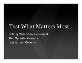 Test What Matters Most
Johnny Willemsen, Remedy IT
Keri Sprinkle, Coverity
Jon Jarboe, Coverity
 