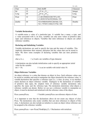 DCOER                                                                              T.E. (IT)

  Char            16              0x0, 0xffff                                      Character
  Int             32                 31 to 31                                      Integer
                                  -2      2 -1
  Long            64                 63 to 63                                      Long
                                  -2      2 -1
  Float           32              ±1.40129846432481707e-45f,                       Float
                                  ±3.402823476638528860e+38f
  double          64              'b14.94065645841246544e-324,                    Double
                                  'b11.79769313486231570e+308



  Variable Declarations
  A variable stores a value of a particular type. A variable has a name, a type, and
  a value associated with it. In Java, variables can only store values of primitive data
  types and references to objects. Variables that store references to objects are called
  reference variables.

  Declaring and Initializing Variables
  Variable declarations are used to specify the type and the name of variables. This
  implicitly determines their memory allocation and the values that can be stored in
  them. We show some examples of declaring variables that can store primitive
  values:

  char a, b, c;        // a, b and c are variables of type character

  A declaration can also include initialization code to specify an appropriate initial
  value for the variable:
  int i = 10;                  // i is an int variable with initial value 10.

 Object Reference Variables
 An object reference is a value that denotes an object in Java. Such reference values can
 be stored in variables and used to manipulate the object denoted by the reference value. A
 variable declaration that specifies a reference type (i.e., a class, an array, or an interface
 name) declares an object reference variable. Analogous to the declaration of variables
 of primitive data types, the simplest form of reference variable declaration only
 specifies the name and the reference type. The declaration determines what objects a
 reference variable can denote. Before we can use a reference variable to manipulate an
 object, it must be declared and initialized with the reference value of the object.

 Pizza yummyPizza;              // Variable yummyPizza can reference objects of class

  It is important to note that the declarations above do not create any objects of class
 Pizza. The declarations only create variables that can store references to objects of this
 class. A declaration can also include an initialize to create an object whose reference can
 be assigned to the reference variable:

 Pizza yummyPizza = new Pizza("Hot&Spicy"); // Declaration with initializer.

SDTL                                                                              P .R. Jaiswal

                                                                                               2
 