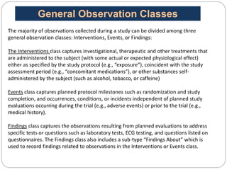 The majority of observations collected during a study can be divided among three
general observation classes: Interventions, Events, or Findings:
The Interventions class captures investigational, therapeutic and other treatments that
are administered to the subject (with some actual or expected physiological effect)
either as specified by the study protocol (e.g., “exposure”), coincident with the study
assessment period (e.g., “concomitant medications”), or other substances self-
administered by the subject (such as alcohol, tobacco, or caffeine)
Events class captures planned protocol milestones such as randomization and study
completion, and occurrences, conditions, or incidents independent of planned study
evaluations occurring during the trial (e.g., adverse events) or prior to the trial (e.g.,
medical history).
Findings class captures the observations resulting from planned evaluations to address
specific tests or questions such as laboratory tests, ECG testing, and questions listed on
questionnaires. The Findings class also includes a sub-type “Findings About” which is
used to record findings related to observations in the Interventions or Events class.
General Observation Classes
 