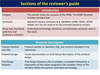 Sections of the reviewer’s guide
Introduction
Purpose This section states the purpose of the SDRG. The SDRG Template
includes standard text.
Acronyms Standard industry acronyms (e.g. MedDRA, LOINC, CDISC, SDTM,
ADaM, etc.) do not need to be documented (optional section)
Study Data Standards
code lists and
Dictionary Inventory
Controlled terminology version(s), and dictionary version(s) used in
the study
Protocol Description
Protocol Number
and Title
Protocol number or identifier, title, and versions included in the
submission
Protocol Design Visual representation or brief textual description of the protocol
design.
Trial Design
Datasets
Trial Design Datasets a list of variables is provided followed by a
explanation of the values assigned to the variables. Most of the
variables follow the sponsor controlled terminology.
 