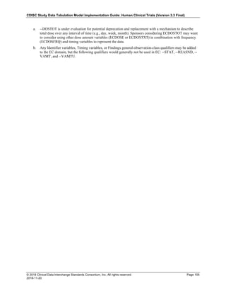 CDISC Study Data Tabulation Model Implementation Guide: Human Clinical Trials (Version 3.3 Final)
© 2018 Clinical Data Interchange Standards Consortium, Inc. All rights reserved Page 105
2018-11-20
a. --DOSTOT is under evaluation for potential deprecation and replacement with a mechanism to describe
total dose over any interval of time (e.g., day, week, month). Sponsors considering ECDOSTOT may want
to consider using other dose amount variables (ECDOSE or ECDOSTXT) in combination with frequency
(ECDOSFRQ) and timing variables to represent the data.
b. Any Identifier variables, Timing variables, or Findings general-observation-class qualifiers may be added
to the EC domain, but the following qualifiers would generally not be used in EC: --STAT, --REASND, --
VAMT, and --VAMTU.
 