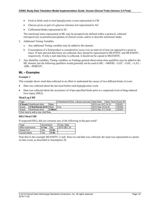 CDISC Study Data Tabulation Model Implementation Guide: Human Clinical Trials (Version 3.3 Final)
© 2018 Clinical Data Interchange Standards Consortium, Inc. All rights reserved Page 121
2018-11-20
• Food or drink used to treat hypoglycemic events represented in CM
• Glucose given as part of a glucose tolerance test represented in AG
• Caffeinated drinks represented in SU
The nutritional items represented in ML may be prospectively defined within a protocol, collected
retrospectively as potential precipitants of clinical events, and/or to describe nutritional intake.
2. Additional Timing Variables
a. Any additional Timing variables may be added to this domain.
b. Consumption of a food product is considered to occur over an interval of time (as opposed to a point in
time). If start and end date/times are collected, they should be represented in MLSTDTC and MLENDTC,
respectively. If only a start date/time is collected, it should not be copied to MLENDTC.
3. Any Identifier variables, Timing variables, or Findings general-observation-class qualifiers may be added to the
ML domain, but the following qualifiers would generally not be used in ML: --MOOD, --LOT, --LOC, --LAT, -
-DIR, --PORTOT.
ML – Examples
Example 1
This example shows meal data collected in an effort to understand the causes of two different kinds of event.
• Data was collected about the last meal before each hypoglycemic event
• Data was collected about the occurrence of of pre-specified foods prior to a suspected event of drug-induced
liver injury (DILI).
Meal Log CRF
Type If Nutritional Drink, volume (ounces) Start Date Start Time Event ID
X Snack Nutritional drink Meal 2015 Jun 03 14:15 CE001
Snack X Nutritional drink Meal 8 oz 2015 Sep 03 8:30 CE002
Snack Nutritional drink X Meal 2015 Dec 31 19:00 CE003
Click here to add a row: Add Row
DILI Meal CRF
If suspected DILI, did you consume any of the following in the past week?
Type Occurrence If yes, Date
Wild mushrooms X Yes No 2015 DEC 24
Ackee fruit Yes X No
Cycad seeds Yes X No
Note that in this example MLENDTC is null. Since no end date was collected, the meal was represented as a point-
in-time event, as described in Assumption 2b.
 
