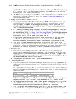 CDISC Study Data Tabulation Model Implementation Guide: Human Clinical Trials (Version 3.3 Final)
© 2018 Clinical Data Interchange Standards Consortium, Inc. All rights reserved Page 136
2018-11-20
significant. In cases where a category of AEs of special interest resembles a part of the dictionary hierarchy
(e.g., "CARDIAC EVENTS"), the categorization represented by AECAT and AESCAT may differ from
the categorization derived from the coding dictionary.
b. AEGRPID may be used to link (or associate) different records together to form a block of related records at
the subject level within the AE domain. See Section 4.2.6, Grouping Variables and Categorization for
discussion of grouping variables.
4. Pre-Specified Terms; Presence or Absence of Events
a. Adverse events are generally collected in two different ways, either by recording free text or using a pre-
specified list of terms. In the latter case, the solicitation of information on specific adverse events may
affect the frequency at which they are reported; therefore, the fact that a specific adverse event was
solicited may be of interest to reviewers. An AEPRESP value of "Y" is used to indicate that the event in
AETERM was pre-specified on the CRF.
b. If it is important to know which adverse events from a pre-specified list were not reported as well as those
that did occur, these data should be submitted in a Findings class dataset such as Findings About Events
and Interventions (see Section 6.4, Findings About Events or Interventions). A record should be included in
that Findings dataset for each pre-specified adverse-event term. Records for adverse events that actually
occurred should also exist in the AE dataset with AEPRESP set to "Y."
c. If a study collects both pre-specified adverse events as well as free-text events, the value of AEPRESP
should be "Y" for all pre-specified events and null for events reported as free text. AEPRESP is a
permissible field and may be omitted from the dataset if all adverse events were collected as free text.
d. When adverse events are collected with the recording of free text, a record may be entered into the
sponsor's data management system to indicate "no adverse events" for a specific subject. For these subjects,
do not include a record in the AE submission dataset to indicate that there were no events. Records should
be included in the submission AE dataset only for adverse events that have actually occurred.
5. Timing Variables
a. Relative timing assessment "Ongoing" is common in the collection of Adverse Event information.
AEENRF may be used when this relative timing assessment is made coincident with the end of the study
reference period for the subject represented in the Demographics dataset (RFENDTC). AEENRTPT with
AEENTPT may be used when "Ongoing" is relative to another date, such as the final safety follow-up visit
date. See Section 4.4.7, Use of Relative Timing Variables.
b. Additional timing variables (such as AEDTC) may be used when appropriate.
6. Other Qualifier Variables
a. If categories of serious events are collected secondarily to a leading question, as in the example below, the
values of the variables that capture reasons an event is considered serious (i.e., AESCAN, AESCONG, etc.)
may be null.
For example, if Serious is answered "No", the values for these variables may be null. However, if Serious is
answered "Yes", at least one of them will have a "Y" response. Others may be "N" or null, according to the
sponsor's convention.
On the other hand, if the CRF is structured so that a response is collected for each seriousness category, all
category variables (e.g., AESDTH, AESHOSP) would be populated and AESER would be derived.
b. The serious categories "Involves cancer" (AESCAN) and "Occurred with overdose" (AESOD) are not part
of the ICH definition of a serious adverse event, but these categories are available for use in studies
conducted under guidelines that existed prior to the FDA's adoption of the ICH definition.
c. When a description of Other Medically Important Serious Adverse Events category is collected on a CRF,
sponsors should place the description in the SUPPAE dataset using the standard supplemental qualifier
 