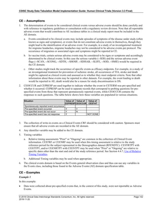 CDISC Study Data Tabulation Model Implementation Guide: Human Clinical Trials (Version 3.3 Final)
© 2018 Clinical Data Interchange Standards Consortium, Inc. All rights reserved Page 142
2018-11-20
CE – Assumptions
1. The determination of events to be considered clinical events versus adverse events should be done carefully and
with reference to regulatory guidelines or consultation with a regulatory review division. Note that all reportable
adverse events that would contribute to AE incidence tables in a clinical study report must be included in the
AE domain.
a. Events considered to be clinical events may include episodes of symptoms of the disease under study (often
known as signs and symptoms), or events that do not constitute adverse events in themselves, though they
might lead to the identification of an adverse event. For example, in a study of an investigational treatment
for migraine headaches, migraine headaches may not be considered to be adverse events per protocol. The
occurrence of migraines or associated signs and symptoms might be reported in CE.
b. In vaccine trials, certain serious adverse events may be considered to be signs or symptoms and accordingly
determined to be clinical events. In this case the serious variable (--SER) and the serious adverse event
flags (--SCAN, --SCONG, --SDTH, --SHOSP, --SDISAB, --SLIFE, --SOD, --SMIE) would be required in
the CE domain.
c. Other studies might track the occurrence of specific events as efficacy endpoints. For example, in a study of
an investigational treatment for prevention of ischemic stroke, all occurrences of TIA, stroke and death
might be captured as clinical events and assessed as to whether they meet endpoint criteria. Note that other
information about these events may be reported in other datasets. For example, the event leading to death
would be reported in AE; death would also be a reason for study discontinuation in DS.
2. CEOCCUR and CEPRESP are used together to indicate whether the event in CETERM was pre-specified and
whether it occurred. CEPRESP can be used to separate records that correspond to probing questions for pre-
specified events from those that represent spontaneously reported events, while CEOCCUR contains the
responses to such questions. The table below shows how these variables are populated in various situations.
Situation Value of
CEPRESP
Value of
CEOCCUR
Value of
CESTAT
Spontaneously reported event occurrence
Pre-specified event occurred Y Y
Pre-specified event did not occur Y N
Pre-specified event has not response Y NOT DONE
3. The collection of write-in events on a Clinical Events CRF should be considered with caution. Sponsors must
ensure that all adverse events are recorded in the AE domain.
4. Any identifier variable may be added to the CE domain.
5. Timing variables
a. Relative timing assessments "Prior" or "Ongoing" are common in the collection of Clinical Event
information. CESTRF or CEENRF may be used when this timing assessment is relative to the study
reference period for the subject represented in the Demographics dataset (RFENDTC). CESTRTPT with
CESTTPT, and/or CEENRTPT with CEENTPT may be used when "Prior" or "Ongoing" are relative to
specific dates other than the start and end of the study reference period. See Section 4.4.7, Use of Relative
Timing Variables.
b. Additional Timing variables may be used when appropriate.
6. The clinical events domain is based on the Events general observation class and thus can use any variables in
the Events class, including those found in the Adverse Events (AE) domain specification table.
CE – Examples
Example 1
In this example:
• Data were collected about pre-specified events that, in the context of this study, were not reportable as Adverse
Events.
 