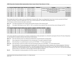 CDISC Study Data Tabulation Model Implementation Guide: Human Clinical Trials (Version 3.3 Final)
© 2018 Clinical Data Interchange Standards Consortium, Inc. All rights reserved Page 157
2018-11-20
Row STUDYID DOMAIN ARMCD ARM TAETORD ETCD ELEMENT TABRANCH TATRANS EPOCH
9 DS10 TA ABC ABC 2 ABC Trt ABC
If disease progression, go to follow-up epoch. If drug C is dropped,
go to element with TAETORD = "6".
TREATMENT
10 DS10 TA ABC ABC 3 ABC Trt ABC
If disease progression, go to follow-up epoch. If drug C is dropped,
go to element with TAETORD = "7".
TREATMENT
11 DS10 TA ABC ABC 4 ABC Trt ABC Go to follow-up epoch. TREATMENT
12 DS10 TA ABC ABC 5 AB Trt AB TREATMENT
13 DS10 TA ABC ABC 6 AB Trt AB TREATMENT
14 DS10 TA ABC ABC 7 AB Trt AB TREATMENT
15 DS10 TA ABC ABC 8 FU Follow-up FOLLOW-UP
This example shows data for a subject who was randomized to Treatment ABC. Drug C was dropped after Cycle 2 due to toxicity associated with Drug C.
Treatment with Drugs A and B was stopped after Cycle 3 due to disease progression. The subject died during follow-up.
The SE dataset records the elements this subject experienced.
Rows 1-4: The subject participated in the screening epoch and three elements of the treatment epoch.
Row 5: The subject's fifth element was not "ABC" or "AB", as would have been expected if they recieved all four cycles of therapy, but "FU".
se.xpt
Row STUDYID DOMAIN USUBJID SESEQ ETCD SESTDTC SEENDTC SEUPDES TAETORD EPOCH
1 DS10 SE 101 1 SCRN 2015-01-21 2015-02-01 0 SCREENING
2 DS10 SE 101 2 ABC 2015-02-01 2015-03-01 1 TREATMENT
3 DS10 SE 101 3 ABC 2015-03-01 2015-03-29 2 TREATMENT
4 DS10 SE 101 4 AB 2015-03-29 2015-04-26 6 TREATMENT
5 DS10 SE 101 5 FU 2015-04-26 2015-09-19 8 FOLLOW-UP
In this study, disposition of each treatment was collected, and disposition of study participation was collected for each epoch of the trial. The date of disposition
for study treatment was defined as the date of the last dose of that treatment.
Rows 1-2: Show that informed consent was obtained and randomization occurred during the screening epoch.
Row 3: Shows disposition of study participation for the screening epoch. The subject completed this epoch.
Row 4: Shows that Drug C was ended during the second cycle (TAETORD = "2") of the treatment epoch.
Rows 5-6: Show that Drugs A and B were ended on the same day during the third cycle (TAETORD = "6") of the treatment epoch.
Row 7: Shows disposition of study participation in the treatment epoch. The subject did not complete treatment, due to disease progression. The date of
disposition of the treatment epoch, DSSTDTC, is the date the subject started the follow-up epoch. For this study, that was defined as four weeks
after the start of the last treatment element. This means that although the subject's last dose of treatment was "2015-04-14", the end of the treatment
period was later, on "2015-04-26", when the subject started the follow-up treatment.
Row 8: Shows disposition of study participation in the follow-up epoch. The subject died.
 