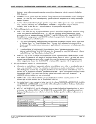 CDISC Study Data Tabulation Model Implementation Guide: Human Clinical Trials (Version 3.3 Final)
© 2018 Clinical Data Interchange Standards Consortium, Inc. All rights reserved Page 167
2018-11-20
dictionary name and version used to map the terms utilizing the external codelist element in the Define-
XML document.
d. MHBODSYS is the system organ class from the coding dictionary associated with the adverse event by the
sponsor. This value may differ from the primary system organ class designated in the coding dictionary's
standard hierarchy.
e. If a CRF collects medical history by pre-specified body systems and the sponsor also codes reported terms
using a standard dictionary, then MHDECOD and MHBODSYS are populated using the standard
dictionary. MHCAT and MHSCAT should be used for the pre-specified body systems.
3. Additional Categorization and Grouping
a. MHCAT and MHSCAT may be populated with the sponsor's pre-defined categorization of medical history
events, which are often pre-specified on the CRF. Note that even if the sponsor uses the body system
terminology from the standard dictionary, MHBODSYS and MHCAT may differ, since MHBODSYS is
derived from the coding system, while MHCAT is effectively assigned when the investigator records a
condition under the pre-specified category.
1. This categorization should not group all records (within the MH Domain) into one generic group such
as "Medical History" or "General Medical History" because this is redundant information with the
domain code. If no smaller categorization can be applied, then it is not necessary to include or populate
this variable.
2. Examples of MHCAT could include "General Medical History" (see above assumption since if
"General Medical History" is an MHCAT value, then there should be other MHCAT values), "Allergy
Medical History, " and "Reproductive Medical History".
b. MHGRPID may be used to link (or associate) different records together to form a block of related records
at the subject level within the MH domain. It should not be used in place of MHCAT or MHSCAT, which
are used to group data across subjects. For example, if a group of syndromes reported for a subject were
related to a particular disease then the MHGRPID variable could be populated with the appropriate text.
4. Pre-Specified Terms; Presence or Absence of Events
a. Information on medical history is generally collected in two different ways, either by recording free text or
using a pre-specified list of terms. The solicitation of information on specific medical history events may
affect the frequency at which they are reported; therefore, the fact that a specific medical history event was
solicited may be of interest to reviewers. MHPRESP and MHOCCUR are used together to indicate whether
the condition in MHTERM was pre-specified and whether it occurred, respectively. A value of "Y" in
MHPRESP indicates that the term was pre-specified.
b. MHOCCUR is used to indicate whether a pre-specified medical condition occurred; a value of "Y"
indicates that the event occurred and "N" indicates that it did not.
c. If a medical history event was reported using free text, the values of MHPRESP and MHOCCUR should be
null. MHPRESP and MHOCCUR are permissible fields and may be omitted from the dataset if all medical
history events were collected as free text.
d. MHSTAT and MHREASND provide information about pre-specified medical history questions for which
no response was collected. MHSTAT and MHREASND are permissible fields and may be omitted from
the dataset if all medications were collected as free text or if all pre-specified conditions had responses in
MHOCCUR.
Situation Value of
MHPRESP
Value of
MHOCCUR
Value of
MHSTAT
Spontaneously reported event occurred
Pre-specified event occurred Y Y
Pre-specified event did not occur Y N
Pre-specified event has no response Y NOT DONE
 