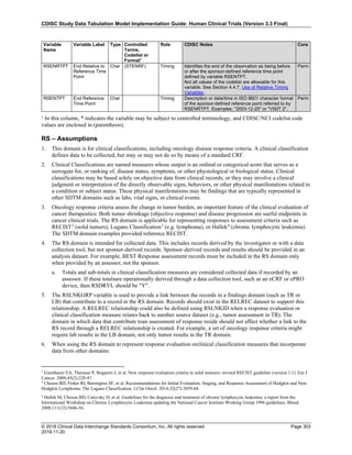 CDISC Study Data Tabulation Model Implementation Guide: Human Clinical Trials (Version 3.3 Final)
© 2018 Clinical Data Interchange Standards Consortium, Inc. All rights reserved Page 303
2018-11-20
Variable
Name
Variable Label Type Controlled
Terms,
Codelist or
Format1
Role CDISC Notes Core
RSENRTPT End Relative to
Reference Time
Point
Char (STENRF) Timing Identifies the end of the observation as being before
or after the sponsor-defined reference time point
defined by variable RSENTPT.
Not all values of the codelist are allowable for this
variable. See Section 4.4.7, Use of Relative Timing
Variables.
Perm
RSENTPT End Reference
Time Point
Char Timing Description or date/time in ISO 8601 character format
of the sponsor-defined reference point referred to by
RSENRTPT. Examples: "2003-12-25" or "VISIT 2".
Perm
¹ In this column, * indicates the variable may be subject to controlled terminology, and CDISC/NCI codelist code
values are enclosed in (parenthesis).
RS – Assumptions
1. This domain is for clinical classifications, including oncology disease response criteria. A clinical classification
defines data to be collected, but may or may not do so by means of a standard CRF.
2. Clinical Classifications are named measures whose output is an ordinal or categorical score that serves as a
surrogate for, or ranking of, disease status, symptoms, or other physiological or biological status. Clinical
classifications may be based solely on objective data from clinical records, or they may involve a clinical
judgment or interpretation of the directly observable signs, behaviors, or other physical manifestations related to
a condition or subject status. These physical manifestations may be findings that are typically represented in
other SDTM domains such as labs, vital signs, or clinical events.
3. Oncology response criteria assess the change in tumor burden, an important feature of the clinical evaluation of
cancer therapeutics: Both tumor shrinkage (objective response) and disease progression are useful endpoints in
cancer clinical trials. The RS domain is applicable for representing responses to assessment criteria such as
RECIST2
(solid tumors), Lugano Classification3
(e.g. lymphoma), or Hallek4
(chronic lymphocytic leukemia).
The SDTM domain examples provided reference RECIST.
4. The RS domain is intended for collected data. This includes records derived by the investigator or with a data
collection tool, but not sponsor-derived records. Sponsor-derived records and results should be provided in an
analysis dataset. For example, BEST Response assessment records must be included in the RS domain only
when provided by an assessor, not the sponsor.
a. Totals and sub-totals in clinical classification measures are considered collected data if recorded by an
assessor. If these totalsare operationally derived through a data collection tool, such as an eCRF or ePRO
device, then RSDRVL should be "Y".
5. The RSLNKGRP variable is used to provide a link between the records in a findings domain (such as TR or
LB) that contribute to a record in the RS domain. Records should exist in the RELREC dataset to support this
relationship. A RELREC relationship could also be defined using RSLNKID when a response evaluation or
clinical classification measure relates back to another source dataset (e.g., tumor assessment in TR). The
domain in which data that contribute toan assessment of response reside should not affect whether a link to the
RS record through a RELREC relationship is created. For example, a set of oncology response criteria might
require lab results in the LB domain, not only tumor results in the TR domain.
6. When using the RS domain to represent response evaluation orclinical classification measures that incorporate
data from other domains:
2
Eisenhauer EA, Therasse P, Bogaerts J, et al. New response evaluation criteria in solid tumours: revised RECIST guideline (version 1.1). Eur J
Cancer. 2009;45(2):228-47.
3
Cheson BD, Fisher RI, Barrington SF, et al. Recommendations for Initial Evaluation, Staging, and Response Assessment of Hodgkin and Non-
Hodgkin Lymphoma: The Lugano Classification. J Clin Oncol. 2014;32(27):3059-68.
4
Hallek M, Cheson BD, Catovsky D, et al. Guidelines for the diagnosis and treatment of chronic lymphocytic leukemia: a report from the
International Workshop on Chronic Lymphocytic Leukemia updating the National Cancer Institute-Working Group 1996 guidelines. Blood.
2008;111(12):5446-56.
 