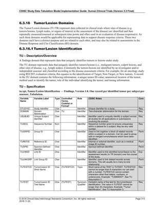CDISC Study Data Tabulation Model Implementation Guide: Human Clinical Trials (Version 3.3 Final)
© 2018 Clinical Data Interchange Standards Consortium, Inc. All rights reserved Page 313
2018-11-20
6.3.16 Tumor/Lesion Domains
The Tumor/Lesion domains (TU/TR) represent data collected in clinical trials where sites of disease (e.g.
tumors/lesions, lymph nodes, or organs of interest in the assessment of the disease) are identified and then
repeatedly measured/assessed at subsequent time points and often used in an evaluation of disease response(s). As
such these domains would be applicable for representing data to support disease response criteria. These two
domains each have a distinct purpose and are related to each other, and may also be related to assessments in the
Disease Response and Clin Classification (RS) domain.
6.3.16.1 Tumor/Lesion Identification
TU – Description/Overview
A findings domain that represents data that uniquely identifies tumors or lesions under study.
The TU domain represents data that uniquely identifies tumors/lesions (i.e., malignant tumors, culprit lesions, and
other sites of disease, e.g., lymph nodes). Commonly the tumors/lesions are identified by an investigator and/or
independent assessor and classified according to the disease assessment criteria. For example, for an oncology study
using RECIST evaluation criteria, this equates to the identification of Target, Non-Target, or New tumors. A record
in the TU domain contains the following information: a unique tumor ID value; anatomical location of the tumor;
method used to identify the tumor; role of the individual identifying the tumor; and timing information.
TU – Specification
tu.xpt, Tumor/Lesion Identification — Findings, Version 1.0. One record per identified tumor per subject per
assessor, Tabulation.
Variable
Name
Variable Label Type Controlled
Terms,
Codelist or
Format1
Role CDISC Notes Core
STUDYID Study Identifier Char Identifier Unique identifier for a study. Req
DOMAIN Domain
Abbreviation
Char TU Identifier Two-character abbreviation for the domain. Req
USUBJID Unique Subject
Identifier
Char Identifier Identifier used to uniquely identify a subject across
all studies for all applications or submissions
involving the product.
Req
TUSEQ Sequence Number Num Identifier Sequence number given to ensure uniqueness
within a dataset for a subject. May be any valid
number.
Req
TUGRPID Group ID Char Identifier Used to link together a block of related records
within a subject in a domain. Can be used to group
split or merged tumors/lesions which have been
identified.
Perm
TUREFID Reference ID Char Identifier Internal or external identifier, such as a medical
image ID number.
Perm
TUSPID Sponsor-Defined
Identifier
Char Identifier Sponsor-defined identifier. Perm
TULNKID Link ID Char Identifier Identifier used to link identified tumor/lesion to the
assessment results (in TR domain) over the course
of the study.
Exp
TULNKGRP Link Group ID Char Identifier Identifier used to link related records across
domains. This will usually be a many-to-one
relationship.
Perm
TUTESTCD Tumor/Lesion ID
Short Name
Char (TUTESTCD) Topic Short name of the TEST in TUTEST. TUTESTCD
cannot be longer than 8 characters nor can start
with a number. TUTESTCD cannot contain
characters other than letters, numbers, or
underscores. Example: "TUMIDENT". See TU
Assumption 3.
Req
TUTEST Tumor/Lesion ID
Test Name
Char (TUTEST) Synonym
Qualifier
Verbatim name of the test for the tumor/lesion
identification. The value in TUTEST cannot be
longer than 40 characters. Example: "Tumor
Identification". See TU Assumption 3.
Req
 