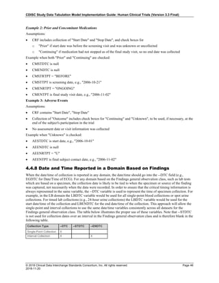 CDISC Study Data Tabulation Model Implementation Guide: Human Clinical Trials (Version 3.3 Final)
© 2018 Clinical Data Interchange Standards Consortium, Inc. All rights reserved Page 46
2018-11-20
Example 2: Prior and Concomitant Medications
Assumptions:
• CRF includes collection of "Start Date" and "Stop Date", and check boxes for
o "Prior" if start date was before the screening visit and was unknown or uncollected
o "Continuing" if medication had not stopped as of the final study visit, so no end date was collected
Example when both "Prior" and "Continuing" are checked:
• CMSTDTC is null
• CMENDTC is null
• CMSTRTPT = "BEFORE"
• CMSTTPT is screening date, e.g., "2006-10-21"
• CMENRTPT = "ONGOING"
• CMENTPT is final study visit date, e.g., "2006-11-02"
Example 3: Adverse Events
Assumptions:
• CRF contains "Start Date", "Stop Date"
• Collection of "Outcome" includes check boxes for "Continuing" and "Unknown", to be used, if necessary, at the
end of the subject's participation in the trial
• No assessment date or visit information was collected
Example when "Unknown" is checked:
• AESTDTC is start date, e.g., "2006-10-01"
• AEENDTC is null
• AEENRTPT = "U"
• AEENTPT is final subject contact date, e.g., "2006-11-02"
4.4.8 Date and Time Reported in a Domain Based on Findings
When the date/time of collection is reported in any domain, the date/time should go into the --DTC field (e.g.,
EGDTC for Date/Time of ECG). For any domain based on the Findings general observation class, such as lab tests
which are based on a specimen, the collection date is likely to be tied to when the specimen or source of the finding
was captured, not necessarily when the data were recorded. In order to ensure that the critical timing information is
always represented in the same variable, the --DTC variable is used to represent the time of specimen collection. For
example, in the LB domain the LBDTC variable would be used for all single-point blood collections or spot urine
collections. For timed lab collections (e.g., 24-hour urine collections) the LBDTC variable would be used for the
start date/time of the collection and LBENDTC for the end date/time of the collection. This approach will allow the
single-point and interval collections to use the same date/time variables consistently across all datasets for the
Findings general observation class. The table below illustrates the proper use of these variables. Note that --STDTC
is not used for collection dates over an interval in the Findings general observation class and is therefore blank in the
following table.
Collection Type --DTC --STDTC --ENDTC
Single-Point Collection X
Interval Collection X X
 