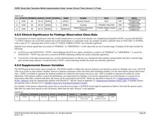 CDISC Study Data Tabulation Model Implementation Guide: Human Clinical Trials (Version 3.3 Final)
© 2018 Clinical Data Interchange Standards Consortium, Inc. All rights reserved Page 59
2018-11-20
suppae.xpt
Row STUDYID RDOMAIN USUBJID IDVAR IDVARVAL QNAM QLABEL QVAL QORIG QEVAL
1 12345 AE 99-123 AESEQ 3 AESEV1 Severity/ Intensity MILD CRF
ADJUDICATION
COMMITTEE
2 12345 AE 99-123 AESEQ 3 AEREL1 Causality POSSIBLY RELATED CRF
ADJUDICATION
COMMITTEE
3 12345 AE 99-123 AESEQ 3 AERELNS1
Relationship to Non-Study
Treatment
Possibly related to aspirin
use
CRF
ADJUDICATION
COMMITTEE
4.5.5 Clinical Significance for Findings Observation Class Data
For assessments of clinical significance when the overall interpretation is a record in the domain, use a Supplemental Qualifier (SUPP--) record (with QNAM =
"--CLSIG") linked to the record that contains the overall interpretation or a particular result. An example would be a QNAM value of "EGCLSIG" in SUPPEG
with a value of "Y", indicating that an ECG result of "ATRIAL FIBRILLATION" was clinically significant.
Separate from clinical significance are results of "NORMAL" or "ABNORMAL", or lab values that are out of normal range. Examples of the latter include the
following:
• An ECG test with EGTESTCD = "INTP", which addresses the ECG as a whole, should have a result or of "NORMAL" or "ABNORMAL". A record for
EGTESTCD = "INTP" may also have a record in SUPPEG indicating whether the result is clinically significant.
• A record for a vital signs measurement (e.g., systolic blood pressure) or a lab test (e.g., hematocrit) that contains a measurement may have a normal range
and a normal range indicator. It could also have a SUPP-- record indicating whether the result was clinically significant.
4.5.6 Supplemental Reason Variables
The SDTM general observation classes include the --REASND variable to submit the reason a response is not present (a result in a findings class or an --OCCUR
value in an events or interventions variable). However, sponsors sometimes collect the reason that something wasdone. For the interventions general observation
class, --INDC is available to represent the medical condition for which the intervention was given, and --ADJ is available to represent the reason for a dose
adjustment. If the sponsor collects a reason for performing a test represented in a findings or an activity represented in an events domain, or a reason for an
intervention other than a medical indication, the reason can be represented in the SUPP-- dataset (as described in Section 8.4.1, Supplemental Qualifiers –
SUPP-- Datasets) using the supplemental qualifier with QNAM of "--REAS" listed in Appendix C2, Supplemental Qualifiers Name Codes. If multiple reasons
are reported, refer to Section 4.2.8.3, Multiple Values for a Non-Result Qualifier Variable.
For example, if the sponsor collected the reason that an extra lab test was done, a SUPPLB record might be populated as follows. Note that the sponsor used a
label that was made more specific to the LB domain, rather than the label "Reason" in the appendix.
supplb.xpt
Row STUDYID RDOMAIN USUBJID IDVAR IDVARVAL QNAM QLABEL QVAL QORIG
1 12345 LB 99-123 LBSEQ 3 LBREAS Reason Test was
Performed
ORIGINAL
SAMPLE LOST
CRF
 