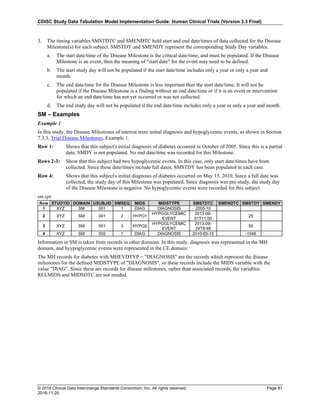 CDISC Study Data Tabulation Model Implementation Guide: Human Clinical Trials (Version 3.3 Final)
© 2018 Clinical Data Interchange Standards Consortium, Inc. All rights reserved Page 81
2018-11-20
3. The timing variables SMSTDTC and SMENDTC hold start and end date/times of data collected for the Disease
Milestone(s) for each subject. SMSTDY and SMENDY represent the corresponding Study Day variables.
a. The start date/time of the Disease Milestone is the critical date/time, and must be populated. If the Disease
Milestone is an event, then the meaning of "start date" for the event may need to be defined.
b. The start study day will not be populated if the start date/time includes only a year or only a year and
month.
c. The end date/time for the Disease Milestone is less important than the start date/time. It will not be
populated if the Disease Milestone is a finding without an end date/time or if it is an event or intervention
for which an end date/time has not yet occurred or was not collected.
d. The end study day will not be populated if the end date/time includes only a year or only a year and month.
SM – Examples
Example 1
In this study, the Disease Milestones of interest were initial diagnosis and hypoglycemic events, as shown in Section
7.3.3, Trial Disease Milestones, Example 1.
Row 1: Shows that this subject's initial diagnosis of diabetes occurred in October of 2005. Since this is a partial
date, SMDY is not populated. No end date/time was recorded for this Milestone.
Rows 2-3: Show that this subject had two hypoglycemic events. In this case, only start date/times have been
collected. Since these date/times include full dates, SMSTDY has been populated in each case.
Row 4: Shows that this subject's initial diagnosis of diabetes occurred on May 15, 2010. Since a full date was
collected, the study day of this Milestone was populated. Since diagnosis was pre-study, the study day
of the Disease Milestone is negative. No hypoglycemic events were recorded for this subject.
sm.xpt
Row STUDYID DOMAIN USUBJID SMSEQ MIDS MIDSTYPE SMSTDTC SMENDTC SMSTDY SMENDY
1 XYZ SM 001 1 DIAG DIAGNOSIS 2005-10
2 XYZ SM 001 2 HYPO1
HYPOGLYCEMIC
EVENT
2013-09-
01T11:00
25
3 XYZ SM 001 3 HYPO2
HYPOGLYCEMIC
EVENT
2013-09-
24T8:48
50
4 XYZ SM 002 1 DIAG DIAGNOSIS 2010-05-15 -1046
Information in SM is taken from records in other domains. In this study, diagnosis was represented in the MH
domain, and hyypoglycemic events were represented in the CE domain.
The MH records for diabetes with MHEVDTYP = "DIAGNOSIS" are the records which represent the disease
milestones for the defined MIDSTYPE of "DIAGNOSIS", so these records include the MIDS variable with the
value "DIAG". Since these are records for disease milestones, rather than associated records, the variables
RELMIDS and MIDSDTC are not needed.
 