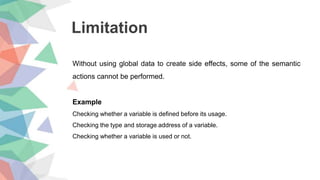 Limitation
Without using global data to create side effects, some of the semantic
actions cannot be performed.
Example
Checking whether a variable is defined before its usage.
Checking the type and storage address of a variable.
Checking whether a variable is used or not.
 