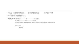 Paired- X1PRETEST LSCS-------O(ONINE CLASS)----------X2 POST TEST
DEGREE OF FREEDOM=n-1
UNPAIRED –XI LSCS-----------O-------------X2 (30)
Y1 FTND-----------------O1------------------Y2(30)
EFDECCTIVENESS OF WALKING ON INVOLUTION OF UTERUS AMONG LSCS MOTHERS
Df=n1+n2-2
30+30-2
 