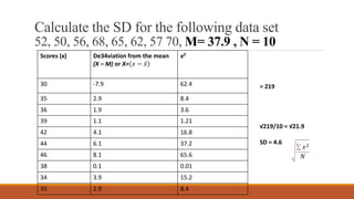 Calculate the SD for the following data set
52, 50, 56, 68, 65, 62, 57 70, M= 37.9 , N = 10
Scores (x) De34viation from the mean
(X – M) or X= 𝑥 − 𝑥
x2
30 -7.9 62.4
35 2.9 8.4
36 1.9 3.6
39 1.1 1.21
42 4.1 16.8
44 6.1 37.2
46 8.1 65.6
38 0.1 0.01
34 3.9 15.2
35 2.9 8.4
= 219
√219/10 = √21.9
SD = 4.6
𝑥2
𝑁
 