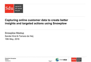 Presention Snowplow
Meetup
19-05-2016 Page 1
Capturing online customer data to create better
insights and targeted actions using Snowplow
Snowplow Meetup
Sander Knol & Tamara de Heij
19th May, 2016
 