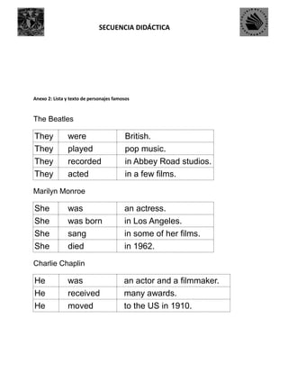 SECUENCIA DIDÁCTICA
Anexo 2: Lista y texto de personajes famosos
The Beatles
They were British.
They played pop music.
The...