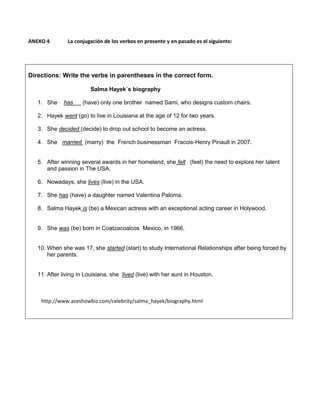 ANEXO 4 La conjugación de los verbos en presente y en pasado es el siguiente:
Directions: Write the verbs in parentheses in the correct form.
Salma Hayek´s biography
1. She has (have) only one brother named Sami, who designs custom chairs.
2. Hayek went (go) to live in Louisiana at the age of 12 for two years.
3. She decided (decide) to drop out school to become an actress.
4. She married (marry) the French businessman Fracois-Henry Pinault in 2007.
5. After winning several awards in her homeland, she felt (feel) the need to explore her talent
and passion in The USA.
6. Nowadays, she lives (live) in the USA.
7. She has (have) a daughter named Valentina Paloma.
8. Salma Hayek is (be) a Mexican actress with an exceptional acting career in Holywood.
9. She was (be) born in Coatzacoalcos Mexico, in 1966.
10. When she was 17, she started (start) to study International Relationships after being forced by
her parents.
11. After living in Louisiana, she lived (live) with her aunt in Houston.
http://www.aceshowbiz.com/celebrity/salma_hayek/biography.html
 