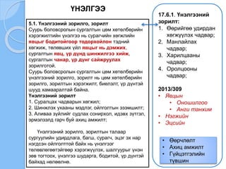 ҮНЭЛГЭЭ
5.1. Үнэлгээний зорилго, зорилт
Суурь боловсролын сургалтын цөм хөтөлбөрийн
хэрэгжилтийн үнэлгээ нь сурагчийн хөгжлийн
явцыг бодитойгоор тодорхойлон тэдний
хөгжиж, төлөвших үйл явцыг нь дэмжих,
сургалтын явц, үр дүнд шинжилгээ хийж,
сургалтын чанар, үр дүнг сайжруулах
зорилготой.
Суурь боловсролын сургалтын цөм хөтөлбөрийн
үнэлгээний зорилго, зорилт нь цөм хөтөлбөрийн
зорилго, зорилтын хэрэгжилт, биелэлт, үр дүнтэй
шууд хамааралтай байна.
Үнэлгээний зорилт
1. Суралцах чадварын хөгжил;
2. Шинжлэх ухааны мэдлэг, ойлголтын эзэмшилт;
3. Аливаа зүйлийг судлах сонирхол, идэвх зүтгэл,
эрмэлзэлд гарч буй ахиц амжилт;
Үнэлгээний зорилго, зорилтын талаар
сургуулийн удирдлага, багш, сурагч, эцэг эх нар
нэгдсэн ойлголттой байх нь үнэлгээг
төлөвлөгөөтэйгөөр хэрэгжүүлэх, шалгуурыг үнэн
зөв тогтоох, үнэлгээ шударга, бодитой, үр дүнтэй
байхад нөлөөлнө.
17.6.1. Үнэлгээний
зорилт:
1. Өөрийгөө удирдан
хөгжүүлэх чадвар;
2. Манлайлах
чадвар;
3. Харилцааны
чадвар;
4. Оролцооны
чадвар;
2013/309
• Явцын
• Оношилгоо
• Анги танхим
• Нэгжийн
• Эцсийн
• Өөрчлөлт
• Ахиц амжилт
• Гүйцэтгэлийн
түвшин
 