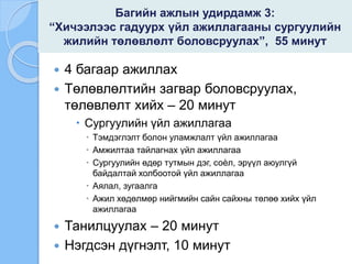 Багийн ажлын удирдамж 3:
“Хичээлээс гадуурх үйл ажиллагааны сургуулийн
жилийн төлөвлөлт боловсруулах”, 55 минут
 4 багаар ажиллах
 Төлөвлөлтийн загвар боловсруулах,
төлөвлөлт хийх – 20 минут
 Сургуулийн үйл ажиллагаа
 Тэмдэглэлт болон уламжлалт үйл ажиллагаа
 Амжилтаа тайлагнах үйл ажиллагаа
 Сургуулийн өдөр тутмын дэг, соѐл, эрүүл аюулгүй
байдалтай холбоотой үйл ажиллагаа
 Аялал, зугаалга
 Ажил хөдөлмөр нийгмийн сайн сайхны төлөө хийх үйл
ажиллагаа
 Танилцуулах – 20 минут
 Нэгдсэн дүгнэлт, 10 минут
 