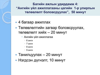 Багийн ажлын удирдамж 4:
“Ангийн үйл ажиллагааны цагийн 1-р улирлын
төлөвлөлт боловсруулах”, 50 минут
 4 багаар ажиллах
 Төлөвлөлтийн загвар боловсруулах,
төлөвлөлт хийх – 20 минут
 Ангийн үйл ажиллагаа
 6 анги
 7 анги
 8 анги
 9 анги
 Танилцуулах – 20 минут
 Нэгдсэн дүгнэлт, 10 минут
 
