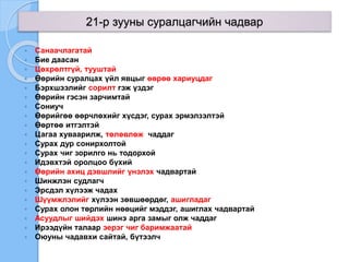  Санаачлагатай
 Бие даасан
 Цөхрөлтгүй, тууштай
 Өөрийн суралцах үйл явцыг өөрөө хариуцдаг
 Бэрхшээлийг сорилт гэж үздэг
 Өөрийн гэсэн зарчимтай
 Сониуч
 Өөрийгөө өөрчлөхийг хүсдэг, сурах эрмэлзэлтэй
 Өөртөө итгэлтэй
 Цагаа хуваарилж, төлөвлөж чаддаг
 Сурах дур сонирхолтой
 Сурах чиг зорилго нь тодорхой
 Идэвхтэй оролцоо бүхий
 Өөрийн ахиц дэвшлийг үнэлэх чадвартай
 Шинжлэн судлагч
 Эрсдэл хүлээж чадах
 Шүүмжлэлийг хүлээн зөвшөөрдөг, ашигладаг
 Сурах олон төрлийн нөөцийг мэддэг, ашиглах чадвартай
 Асуудлыг шийдэх шинэ арга замыг олж чаддаг
 Ирээдүйн талаар эерэг чиг баримжаатай
 Оюуны чадавхи сайтай, бүтээлч
21-р зууны суралцагчийн чадвар
 