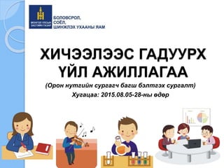 ХИЧЭЭЛЭЭС ГАДУУРХ
ҮЙЛ АЖИЛЛАГАА
Хугацаа: 2015.08.05-28-ны өдөр
(Орон нутгийн сургагч багш бэлтгэх сургалт)
 