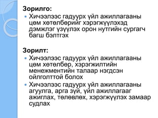 Зорилго:
 Хичээлээс гадуурх үйл ажиллагааны
цөм хөтөлбөрийг хэрэгжүүлэхэд
дэмжлэг үзүүлэх орон нутгийн сургагч
багш бэлтгэх
Зорилт:
 Хичээлээс гадуурх үйл ажиллагааны
цөм хөтөлбөр, хэрэгжилтийн
менежментийн талаар нэгдсэн
ойлголттой болох
 Хичээлээс гадуурх үйл ажиллагааны
агуулга, арга зүй, үйл ажиллагааг
ажиглах, төлөвлөх, хэрэгжүүлэх замаар
судлах
 
