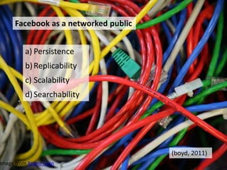 Facebook as a networked public 
a) Persistence 
b) Replicability 
c) Scalability 
d) Searchability 
(boyd, 2011) 
Image from Bruno Girin 
 