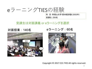 eラーニングTIESの経験
13
対面授業：140名 eラーニング：60名
科 目：帝塚山大学 欧州経済論（2005年）
受講生：200名
先生
〇※△
□×◎
m(_ _)m
(^_^)/
※♪♪
集中！
受講生は対面講義 or eラーニングを選択
先生はいない
Copyright © 2017 CCC-TIES All rights reserved.
 