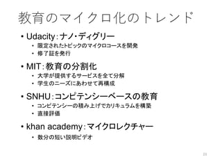 教育のマイクロ化のトレンド
• Udacity：ナノ・ディグリー
• 限定されたトピックのマイクロコースを開発
• 修了証を発行
• MIT：教育の分割化
• 大学が提供するサービスを全て分解
• 学生のニーズにあわせて再構成
• SNHU：コンピテンシーベースの教育
• コンピテンシーの積み上げでカリキュラムを構築
• 直接評価
• khan academy：マイクロレクチャー
• 数分の短い説明ビデオ
23
 
