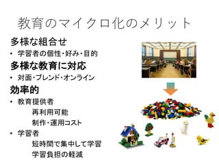教育のマイクロ化のメリット
多様な組合せ
• 学習者の個性・好み・目的
多様な教育に対応
• 対面・ブレンド・オンライン
効率的
• 教育提供者
再利用可能
制作・運用コスト
• 学習者
短時間で集中して学習
学習負担の軽減
 