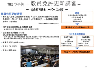 TIESの事例 ー 教員免許更新講習—
教員免許更新講習
‣ 教員として必要な資質能力が保持されるよう、定期的に最新の知識技能
を身に付けることで、自信と誇りを持って教壇に立ち、社会の尊敬と信頼
を得ることを目指す
（文部科学省教員免許更新制の目的より）
‣ 10年間毎に30時間以上の講習を受講
必修領域：6時間，選択必修領域：6時間，選択領域：18時間
‣ 認定機関：531機関（ 2016年度 ）
うち必修領域提供可能機関347機関
大学・短期大学・指定教員養成機関，都道府県，指定都市，中核市教育委員会大学共同利用機
関その他文部科学大臣が指定した者（独立行政法人，公益法人）
‣ 対象者：約90,000人（2015年度）
‣ 受講料：30,000円
‣ 受講料負担：本人
課題
大都市圏の認定機関の不足
へき地・離島対策
大学の負担
受講者の負担
ー 社会的背景とニーズへの対応 ー
高まるオンライン教育のニーズ
収益ベースにのった安定運用
H26年度運営状況
O大学（私立）
通年
PCカメラ試験
受講者：1,900名
受講料：48,000円
K大学連携
6-8月のみ開講
会場試験
受講者：2,000名
受講料：30,000円
50
 