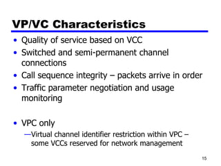 VP/VC Characteristics Quality of service based on VCC Switched and semi-permanent channel connections Call sequence integrity – packets arrive in order Traffic parameter negotiation and usage monitoring VPC only Virtual channel identifier restriction within VPC – some VCCs reserved for network management 