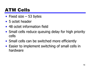 ATM Cells Fixed size – 53 bytes 5 octet header 48 octet information field Small cells reduce queuing delay for high priority cells Small cells can be switched more efficiently Easier to implement switching of small cells in hardware 