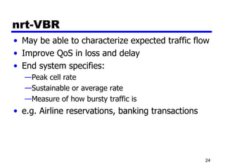 nrt-VBR May be able to characterize expected traffic flow Improve QoS in loss and delay End system specifies: Peak cell rate  Sustainable or average rate  Measure of how bursty traffic is e.g. Airline reservations, banking transactions 