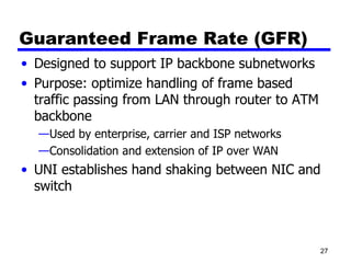 Guaranteed Frame Rate (GFR) Designed to support IP backbone subnetworks Purpose: optimize handling of frame based traffic passing from LAN through router to ATM backbone Used by enterprise, carrier and ISP networks Consolidation and extension of IP over WAN UNI establishes hand shaking between NIC and switch 