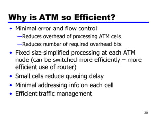 Why is ATM so Efficient? Minimal error and flow control Reduces overhead of processing ATM cells Reduces number of required overhead bits Fixed size simplified processing at each ATM node (can be switched more efficiently – more efficient use of router) Small cells reduce queuing delay Minimal addressing info on each cell Efficient traffic management 